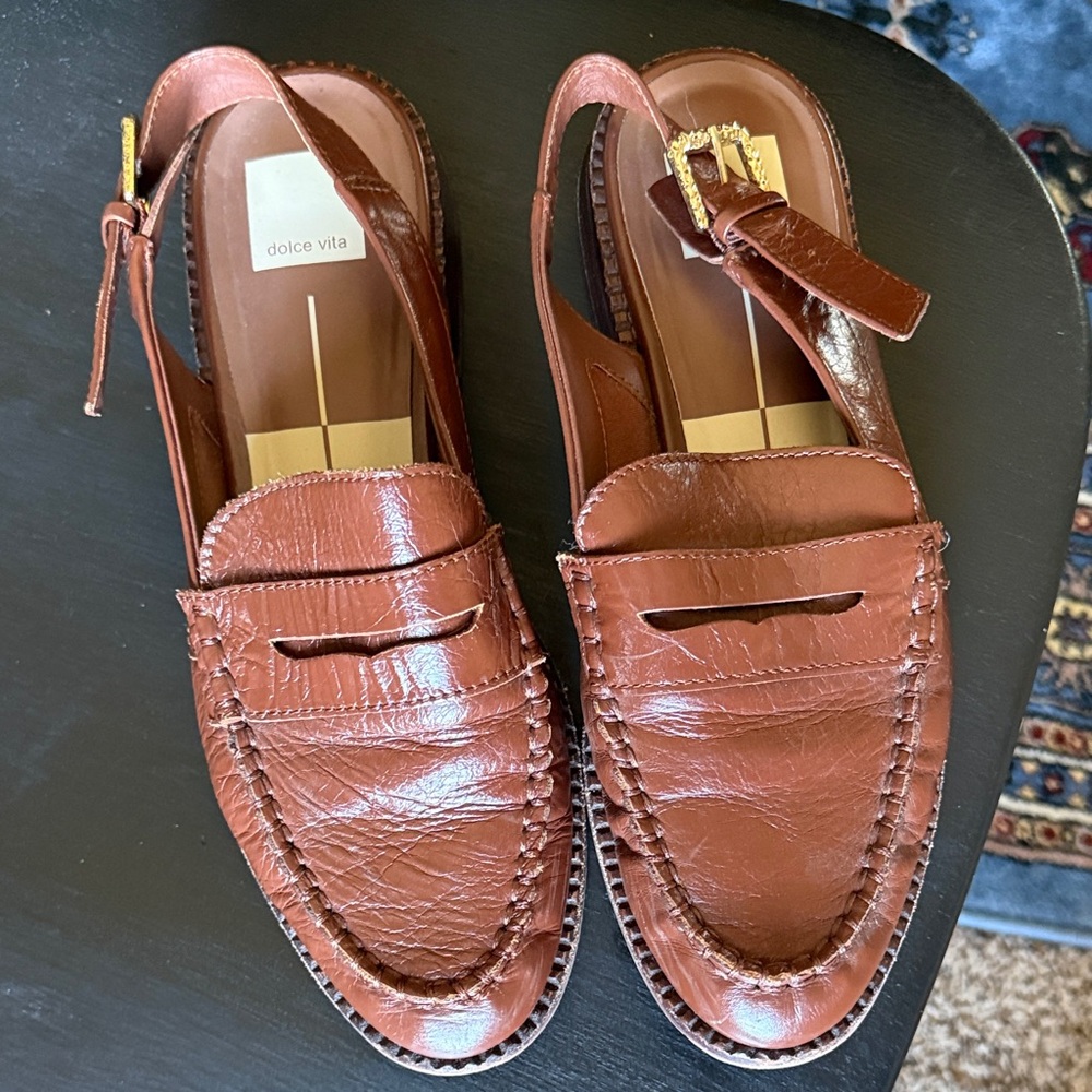 Dolce Vita Women’s Brown Leather Penny Loafers with Slingback Strap